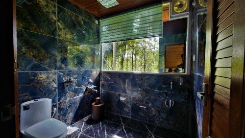 马迪凯里Coorg Bliss Estate Stay的蓝色瓷砖浴室设有卫生间和窗户