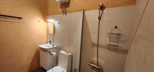 阿尔哈姆拉Bait Al Aali Guesthouse的浴室配有卫生间、盥洗盆和淋浴。
