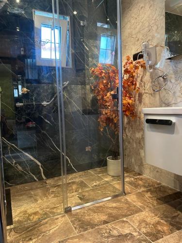 BlatnicaPenzión Encián的浴室里设有玻璃门淋浴