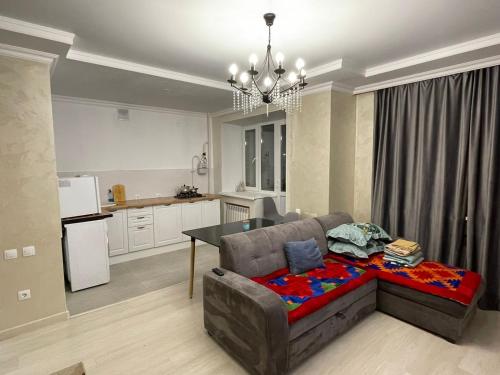 阿克托比Апартаменты в районе Болашак的带沙发的客厅和厨房