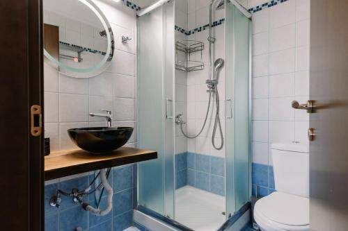 尼坡帝Zandre shiny apartment的一间带水槽和玻璃淋浴的浴室