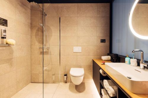 斯普赖滕巴赫harry's home Zürich-Limmattal的带淋浴、卫生间和盥洗盆的浴室