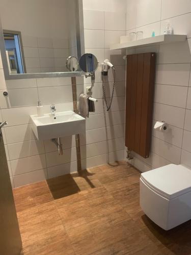 施特拉尔松德豪斯沃弗卡纳酒店的一间带水槽、卫生间和镜子的浴室