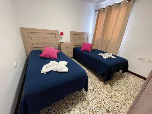 洛斯克里斯蒂亚诺斯Apartamento Canarias的配有两张床铺的客房配有蓝色床单和粉红色枕头