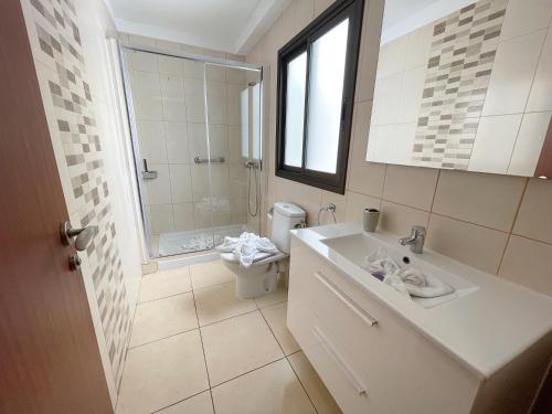 洛斯克里斯蒂亚诺斯Apartamento Canarias的一间带水槽、淋浴和卫生间的浴室