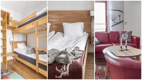 塔恩达勒Ski Lodge Tänndalen的两张照片 - 带一张双层床和一张沙发的房间