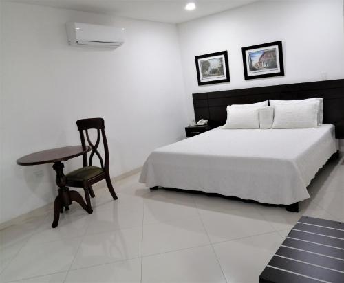 辛塞莱霍Hotel Panorama的卧室配有1张床、1张桌子和1把椅子