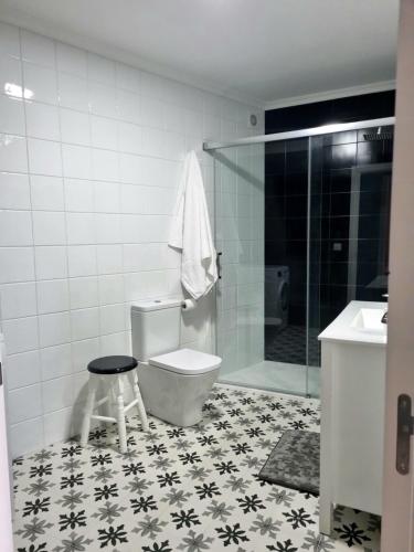 维戈Casa Alcabre (Samil)的带淋浴、卫生间和凳子的浴室