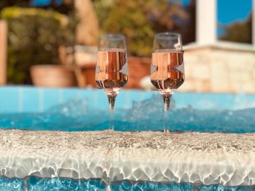 拉格尼西Summer Villa Lagonissi的两杯酒坐在游泳池边