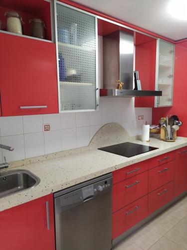 ArenalApartamento Casa Labaro, junto al Parque de Cabárceno的红色的厨房配有水槽和洗碗机