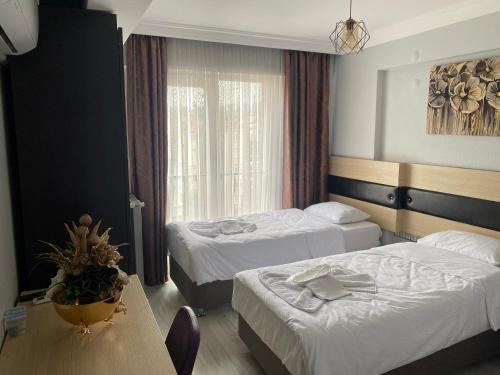 阿塔库姆Ece Han Butik Otel的酒店客房设有两张床和一张桌子。