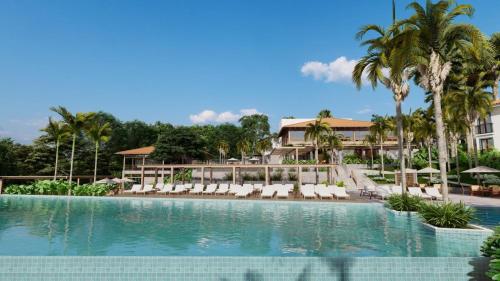 皮雷诺波利斯Quinta Santa Bárbara Eco Resort的一个带椅子和棕榈树的度假村游泳池