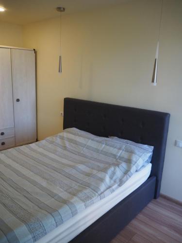 帕内韦日斯B&K apartments的一间卧室配有一张带黑色床头板的床