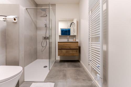 NeerpeltDe Hoog Velden 12的带淋浴、卫生间和盥洗盆的浴室