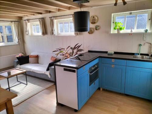 Sint PancrasDe oude walnoot的一间厨房,内设蓝色橱柜和一张沙发