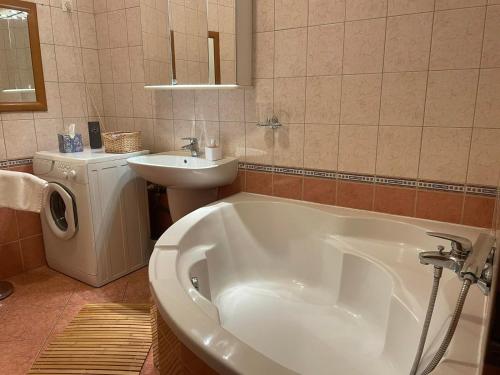 布达佩斯Kis-Celli apartman的浴室配有白色浴缸和水槽