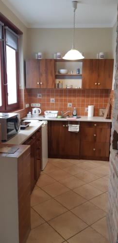 霍德梅泽瓦沙海伊Protea Apartment的厨房配有木制橱柜和瓷砖地板。