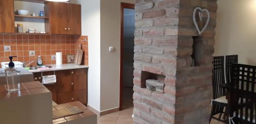 霍德梅泽瓦沙海伊Protea Apartment的厨房设有砖墙,旁边是带柜台的厨房