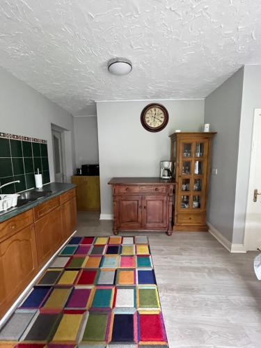 罗斯康芒The Rathmore House的厨房的地板上铺着色彩缤纷的地毯