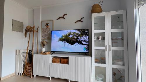 巴雷罗斯O meo refuxio的客厅配有白色橱柜上的平面电视