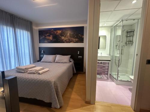 塔拉戈纳Precioso dúplex en el centro de Tarragona的一间卧室配有一张床,浴室设有淋浴。