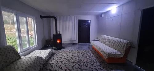 安塔利亚Gelidonia Fenerium Holiday Home的客厅设有两张沙发和一个壁炉