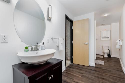 圣路易斯CozySuites Stunning 1BR Adler Loft with Parking的一间带水槽和镜子的浴室