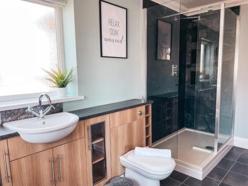 卡迪夫Ty-Fry House, by Solace Stays的浴室配有卫生间、盥洗盆和淋浴。