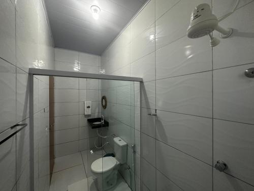 巴雷里尼亚斯POUSADA E AGENCIA CLEDIO TURISMO的白色的浴室设有卫生间和淋浴。