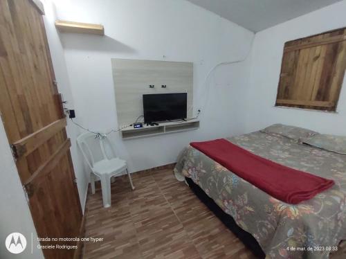 瓜拉米兰加Suíte GUARAMIRANGA no Sítio的一间小卧室,配有一张床和电视