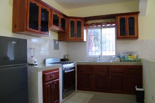帕托斯Aparta Hotel Los Deisy的厨房配有木制橱柜、炉灶和水槽。
