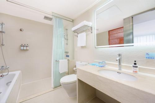 大连大连海尊智选假日酒店的一间带水槽、卫生间和镜子的浴室