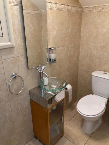 普罗塔拉斯Anna Villa的一间带卫生间和玻璃水槽的浴室
