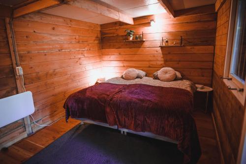 卢特伦Luxe vakantiehuis in het bos met jacuzzi en sauna的一间卧室设有木墙和一张带两个枕头的床