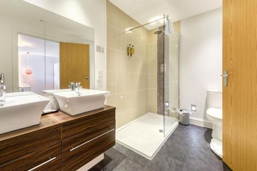 伊尔弗勒科姆Sandy Cove Hotel的一间带水槽、淋浴和卫生间的浴室