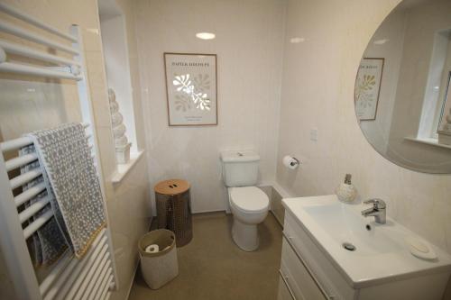 莱瑟姆-圣安妮The Bungalow的一间带卫生间、水槽和镜子的浴室