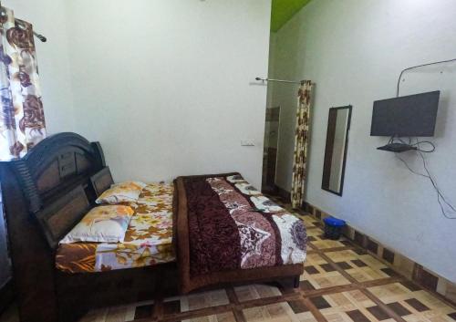 德拉敦Gaharwar Home Stay的一间卧室配有一张床和一台电视。