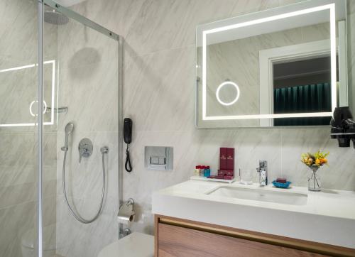 伊斯坦布尔Royan Suites的带淋浴、盥洗盆和镜子的浴室