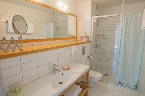 加尔格日代利群酒店的一间带水槽、卫生间和镜子的浴室