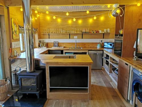 布里斯托The Base Vegan Retreat Animal Sanctuary的厨房配有木制柜台和炉灶。