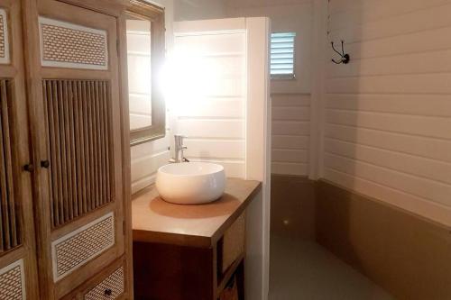圣吕斯Villa Cocon Bleu , plage à pied !的一间带白色水槽和窗户的浴室