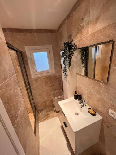 圣马克西姆Grand appartement a 300M de la plage的一间带水槽和镜子的小浴室