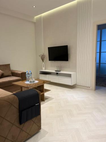 杜尚别Almira的客厅配有沙发和墙上的电视