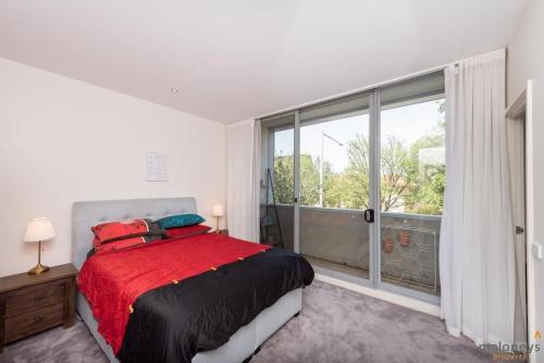 堪培拉Spacious sun-drenched apartment, centrally located的一间卧室设有一张床和一个大窗户