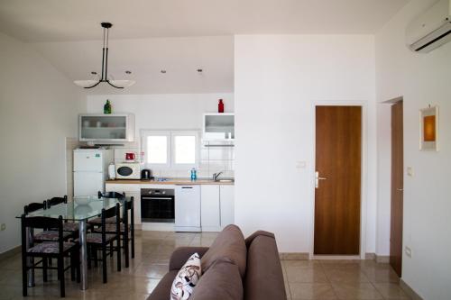 鲁巴达Apartman Klara的客厅以及带沙发和桌子的厨房。
