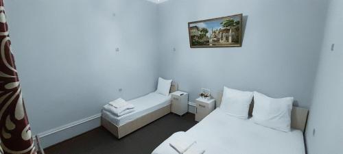撒马尔罕AISHA Hotel的一间小房间,配有两张床和一张沙发