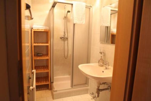 埃本塞罗森霍夫酒店的带淋浴和盥洗盆的浴室