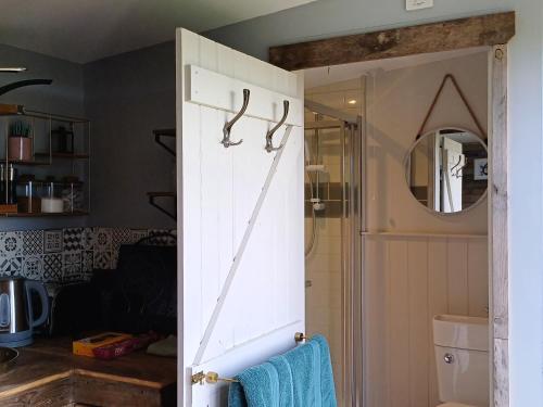 赫尔斯顿Rhubarb Hut, set in the beautiful Cornish Countryside的一间带白色橱柜和镜子的浴室