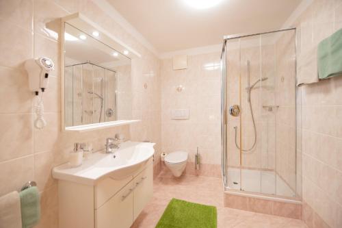 阿皮亚诺苏拉斯特拉达兰瑟霍夫公寓式酒店的一间带水槽、淋浴和卫生间的浴室