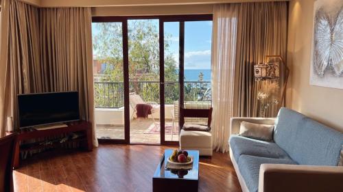 查克维Luxury Dreamland Oasis Apartments的带沙发和电视的客厅以及阳台。